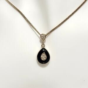 Christian Dior Vtg Black Enamel Teardrop Rhinestone Pendant Necklace Gold Tone